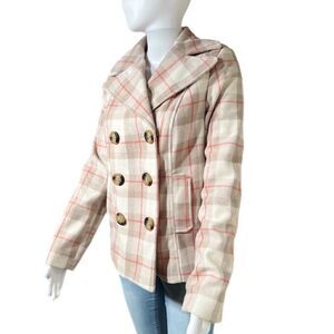 Pink & Beige Plaid Double Breasted Silk Lined Wool Peacoat NWOT